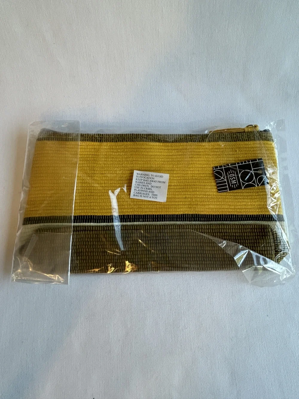 OSM Clutch Bag Womens Yellow Olive Green Zippered Abaca Paper Woven Stripe New